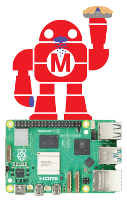 Makey holding up a pie and standing on a Raspberry Pi.